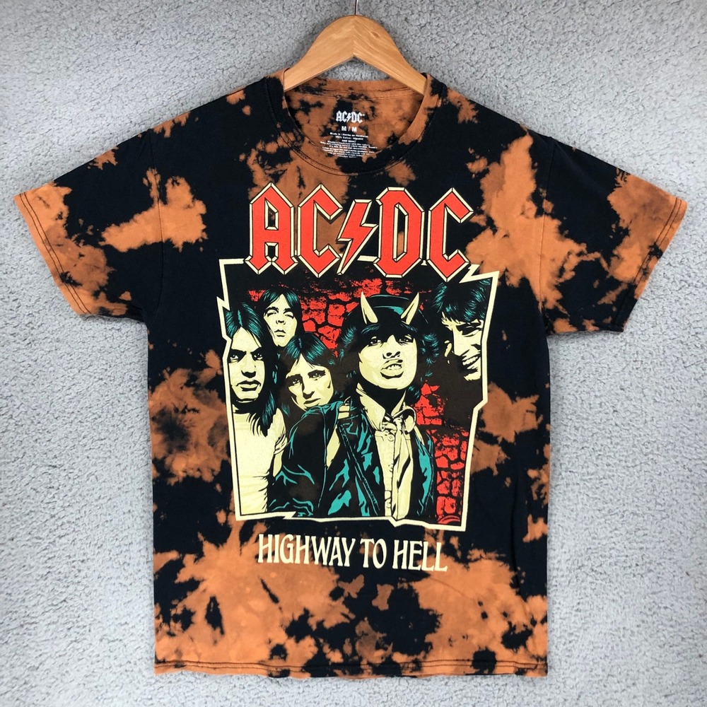 ACDC Highway to Hell T Shirt Mens Medium Black Orange Bleach Tie Dye Graphic Tee - Picture 1 of 6